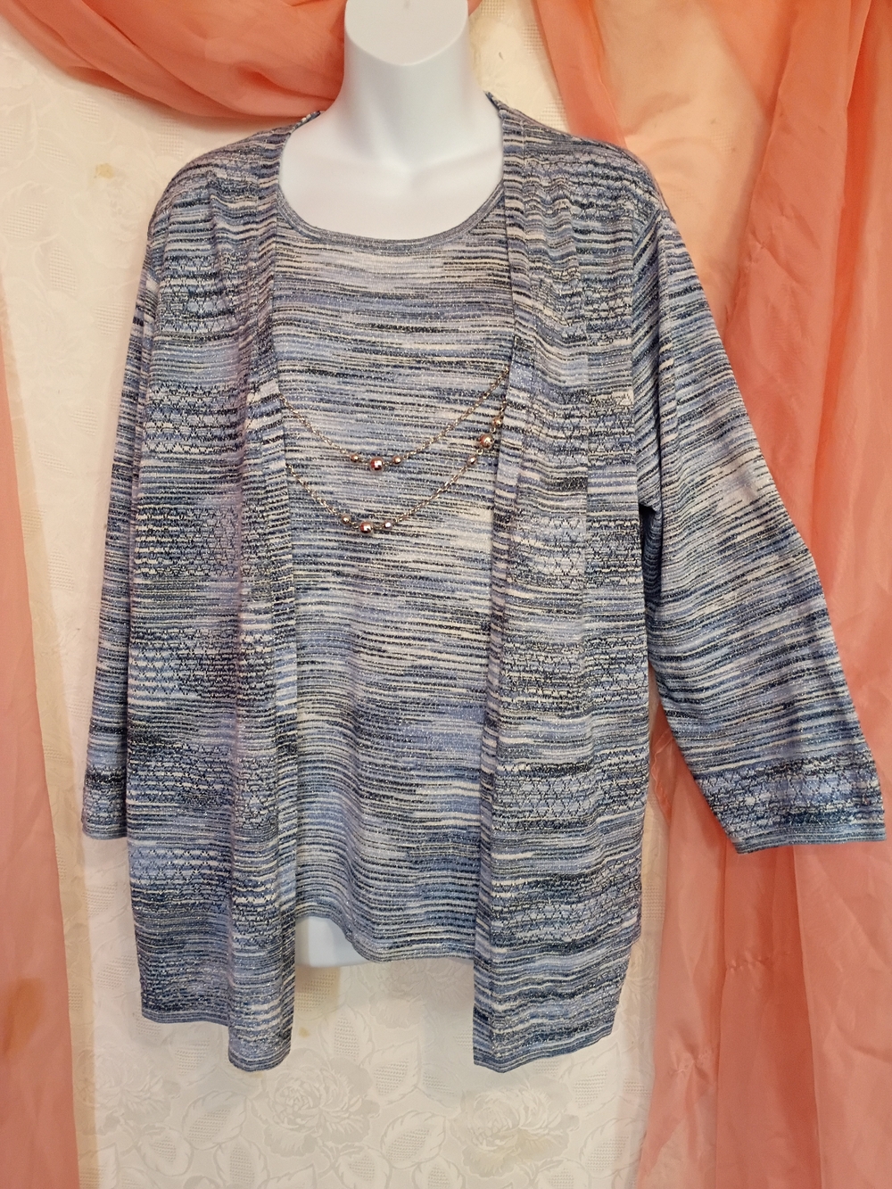 Alfred Dunner Ladies Blue Knit Cardigan & Shell Set with Bead Detail Sz XL
